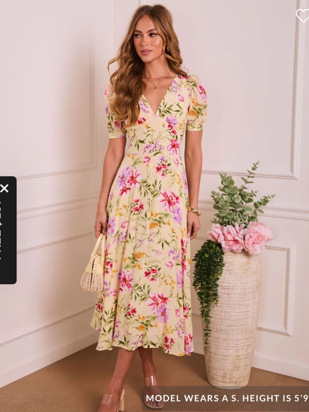 Vici Yellow Floral V-Neck Puff Sleeve Midi Dress